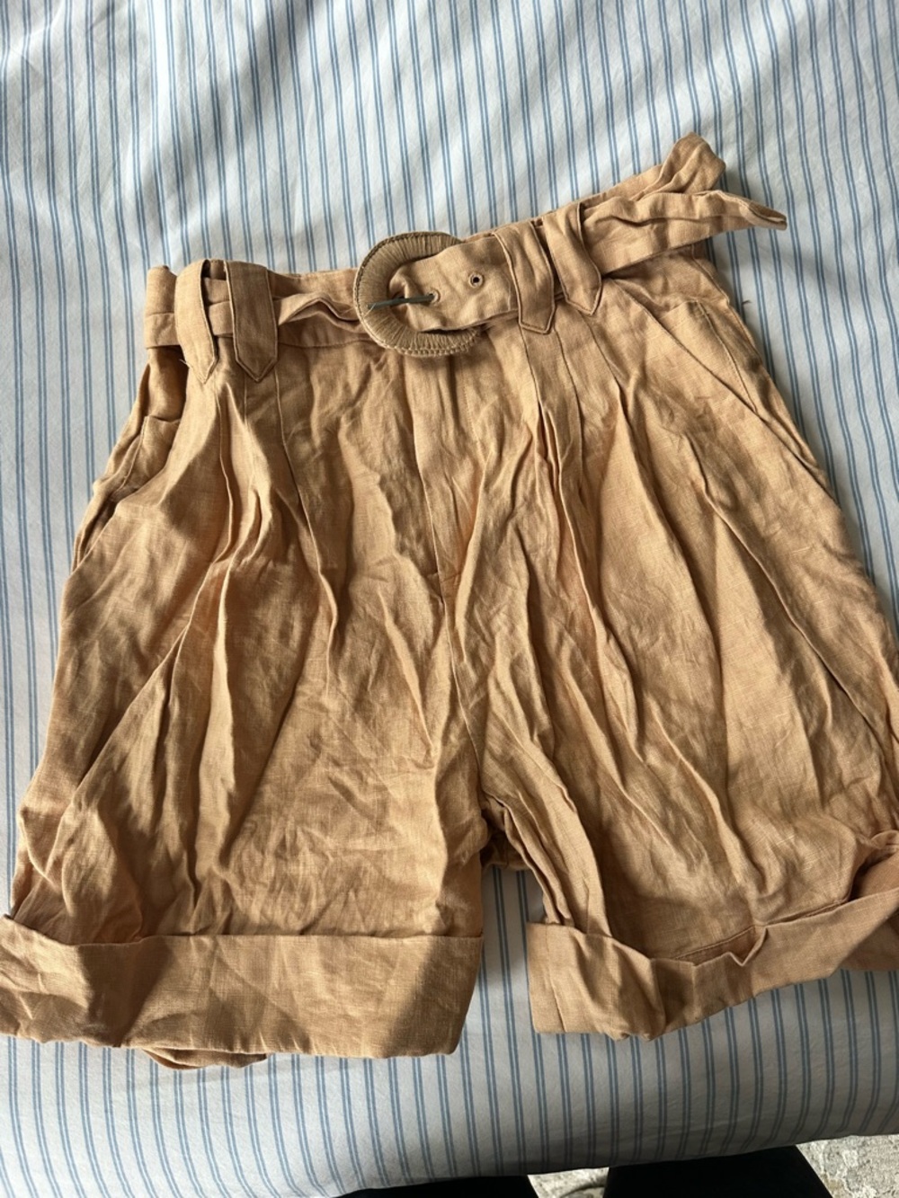 FARM Rio Linen-Blend High-Rise Belted Shorts in Camel